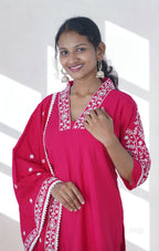 Embroidered Cotton Kurta Set with Dupatta (Magenta Pink / Teal Blue)