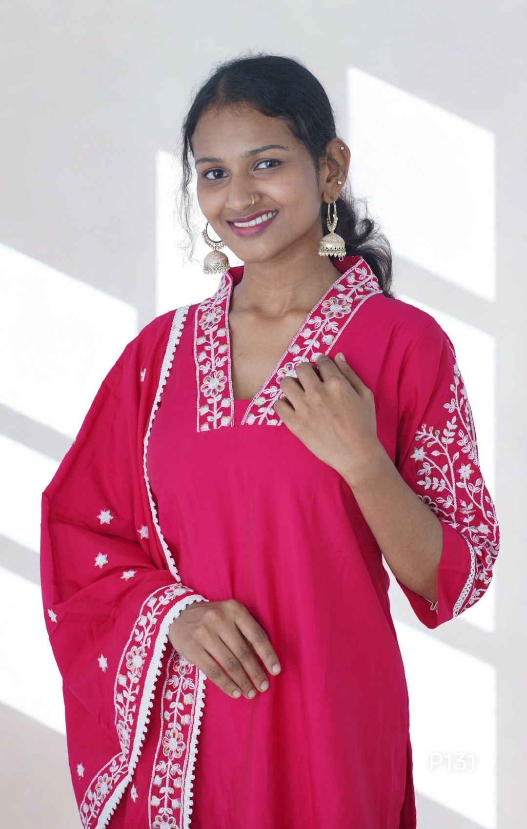 Embroidered Cotton Kurta Set with Dupatta (Magenta Pink / Teal Blue)