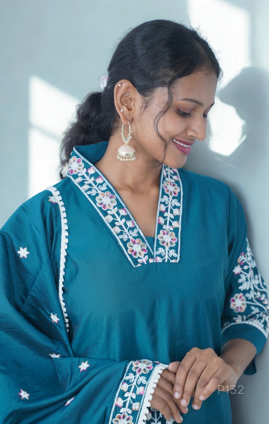 Embroidered Cotton Kurta Set with Dupatta (Magenta Pink / Teal Blue)