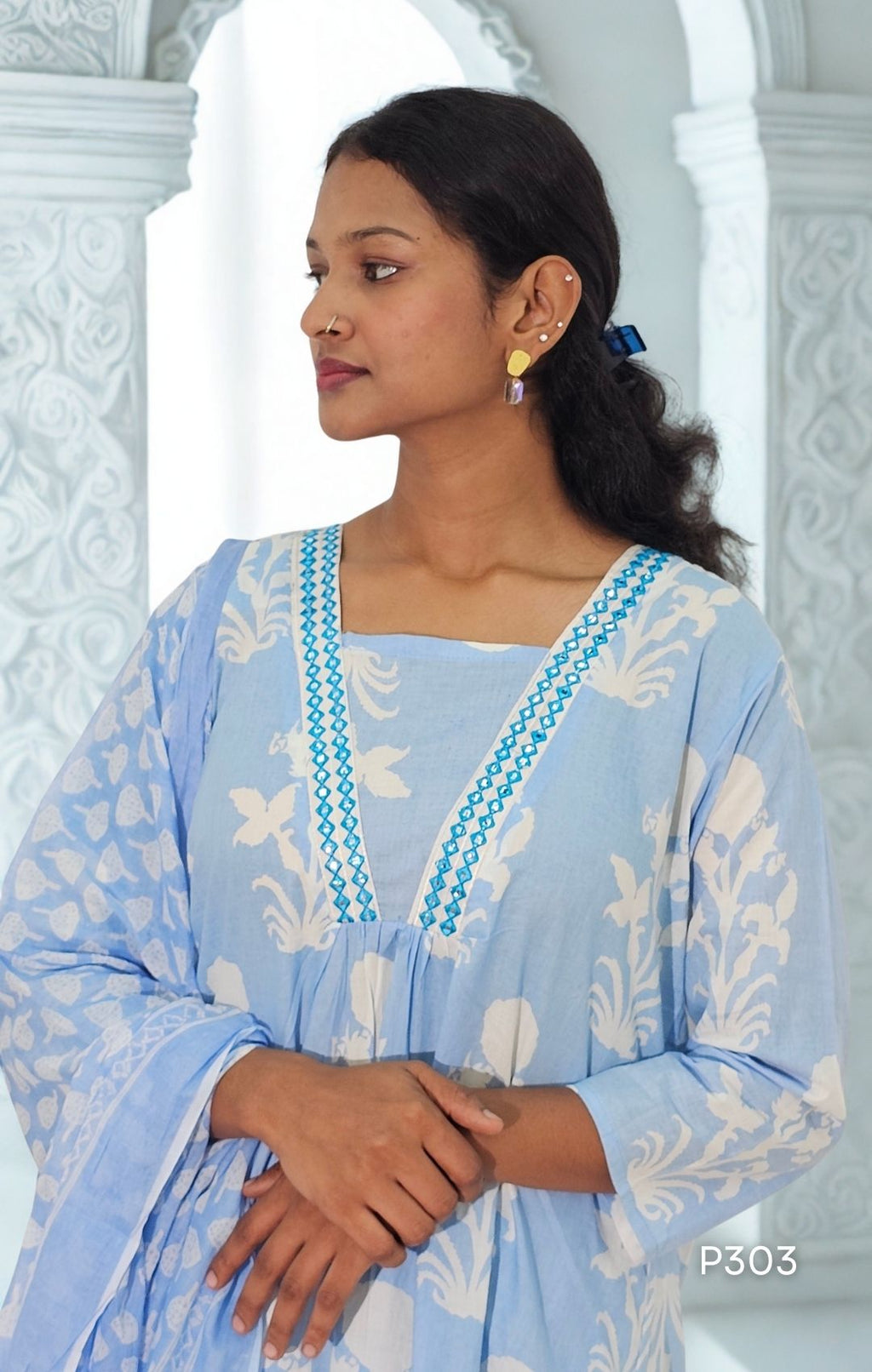 Sky Mist Block Print Kurta Set
