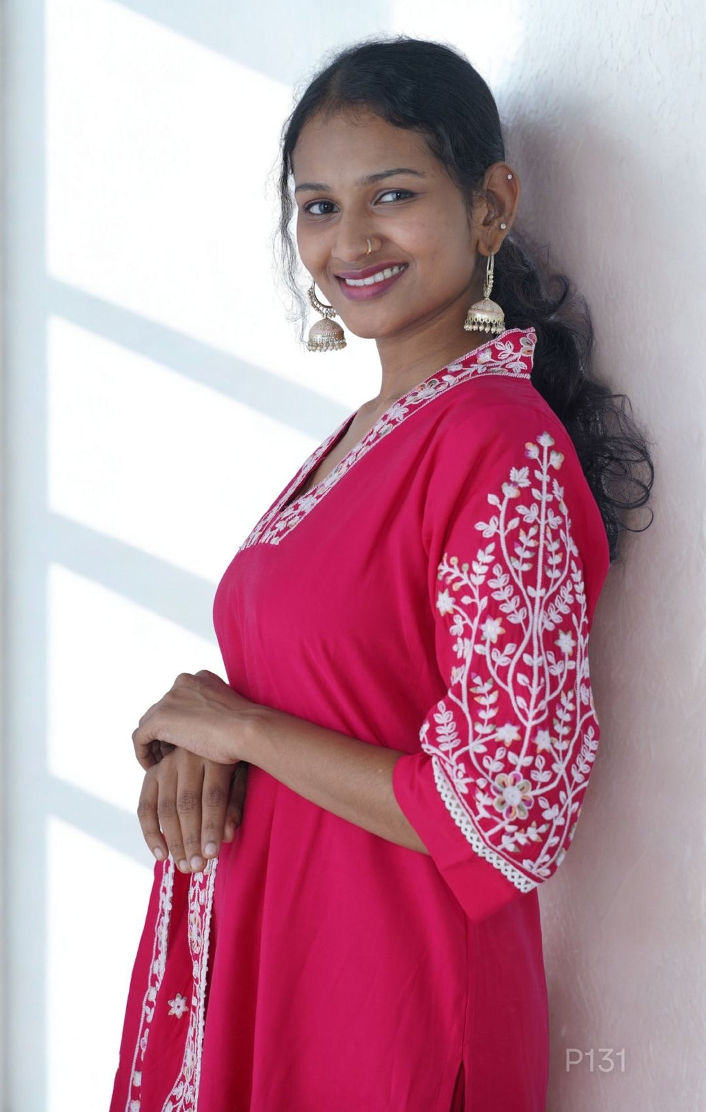 Embroidered Cotton Kurta Set with Dupatta (Magenta Pink / Teal Blue)