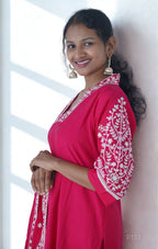 Embroidered Cotton Kurta Set with Dupatta (Magenta Pink / Teal Blue)