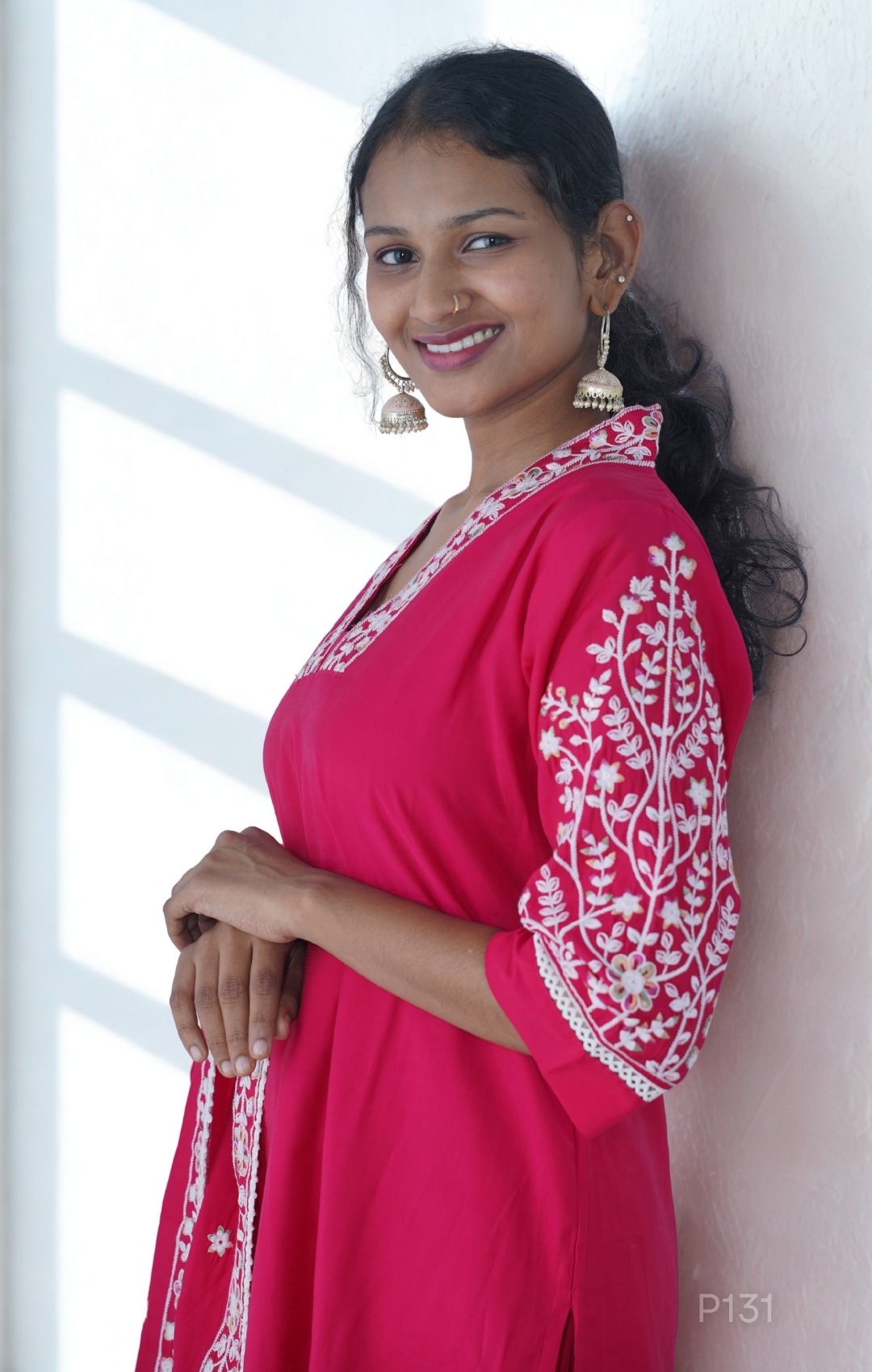 Embroidered Cotton Kurta Set with Dupatta (Magenta Pink / Teal Blue)