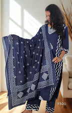 Navy Blue Geometric Printed Suit Set