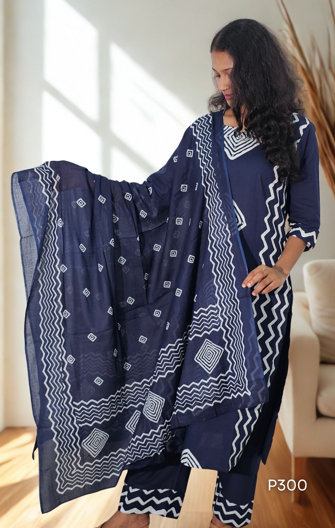 Navy Blue Geometric Printed Suit Set