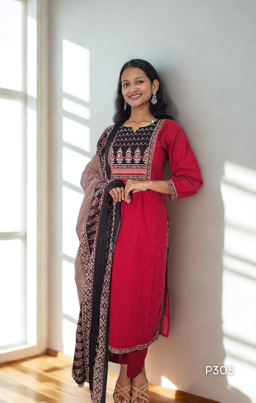 Maroon Red Cotton Kurta Set with Mulmul Dupatta | P305