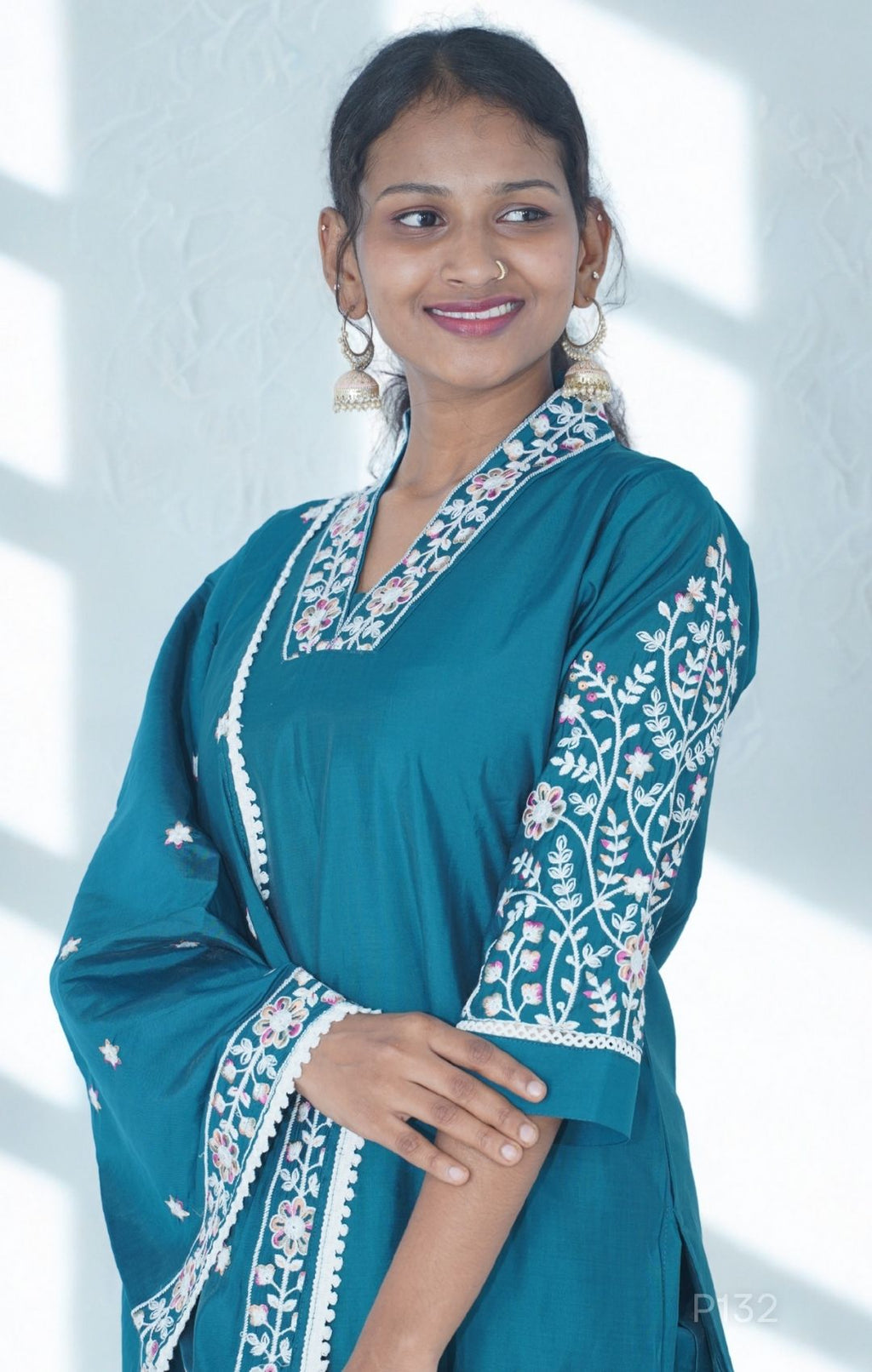 Embroidered Cotton Kurta Set with Dupatta (Magenta Pink / Teal Blue)