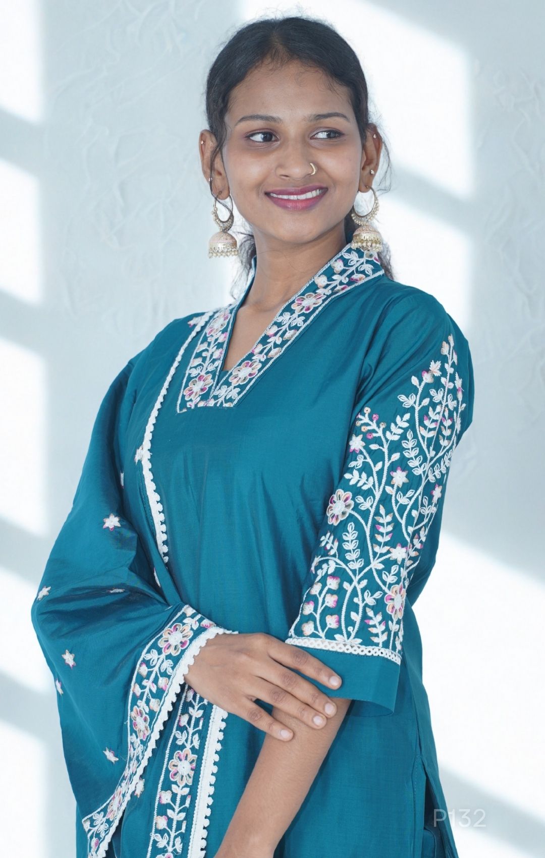 Embroidered Cotton Kurta Set with Dupatta (Magenta Pink / Teal Blue)