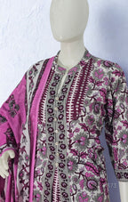 A 3-piece cotton kurta set in soft lilac and white, adorned with intricate floral block prints
