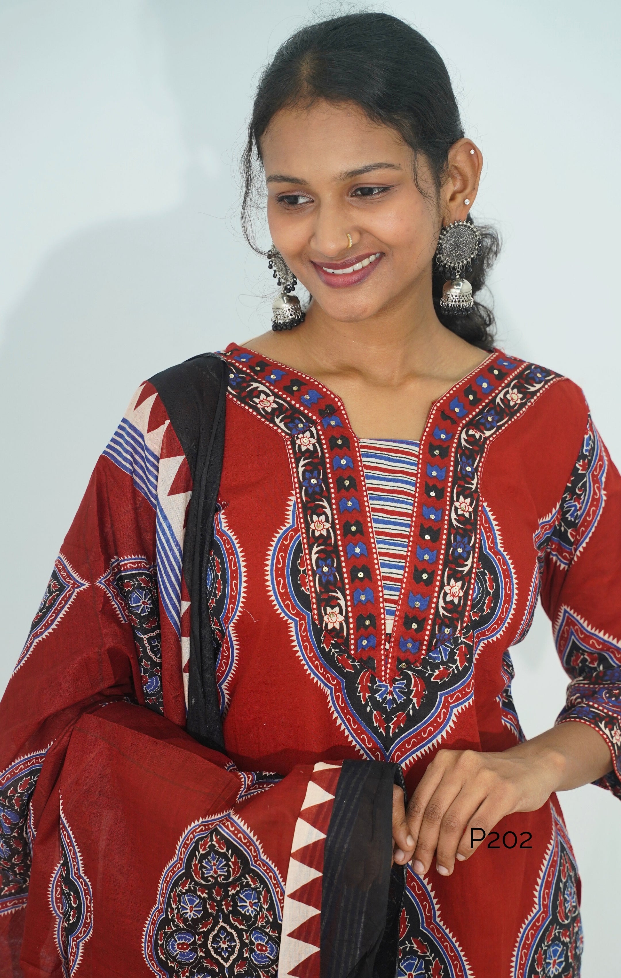 Rust Red Ajrakh Print Cotton Kurta Set with Dupatta