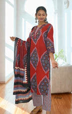 Rust Red Ajrakh Print Cotton Kurta Set with Dupatta