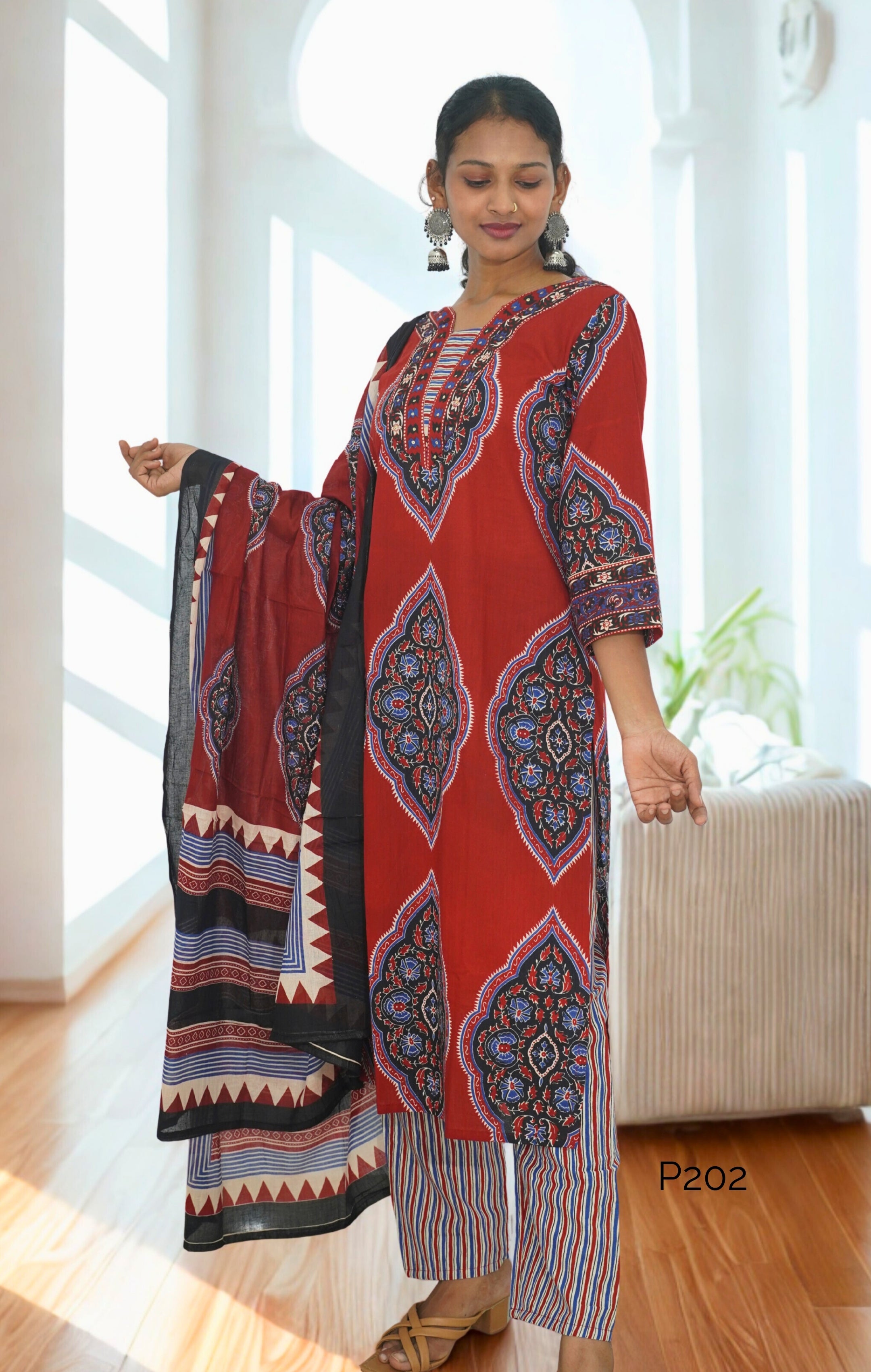 Rust Red Ajrakh Print Cotton Kurta Set with Dupatta