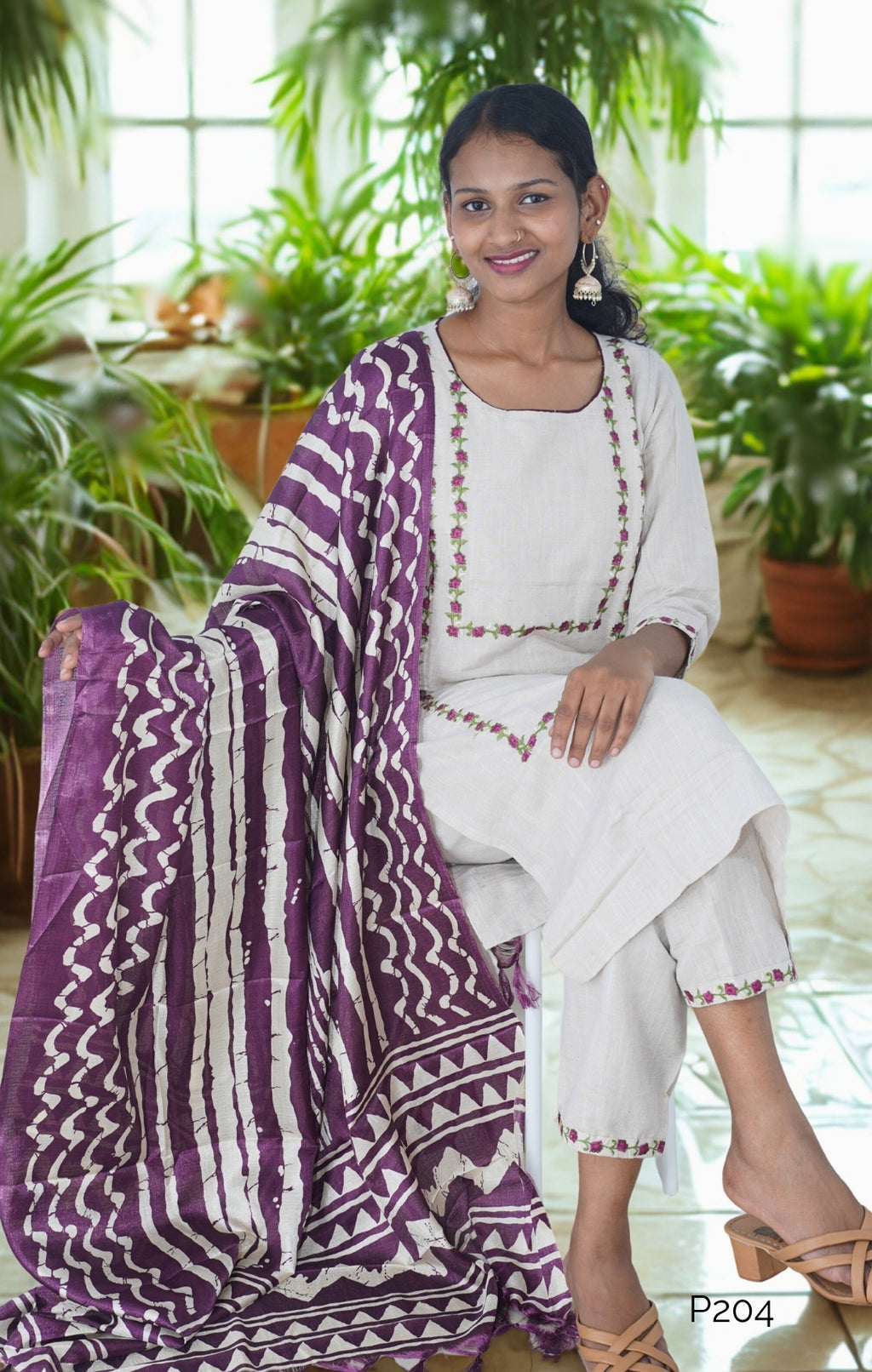 Ivory Khadi Cotton Set with Purple Ajrakh Dupatta| P204