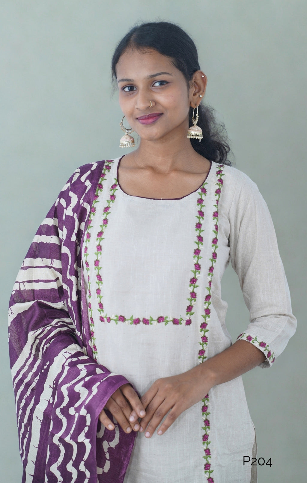 Ivory Khadi Cotton Set with Purple Ajrakh Dupatta| P204