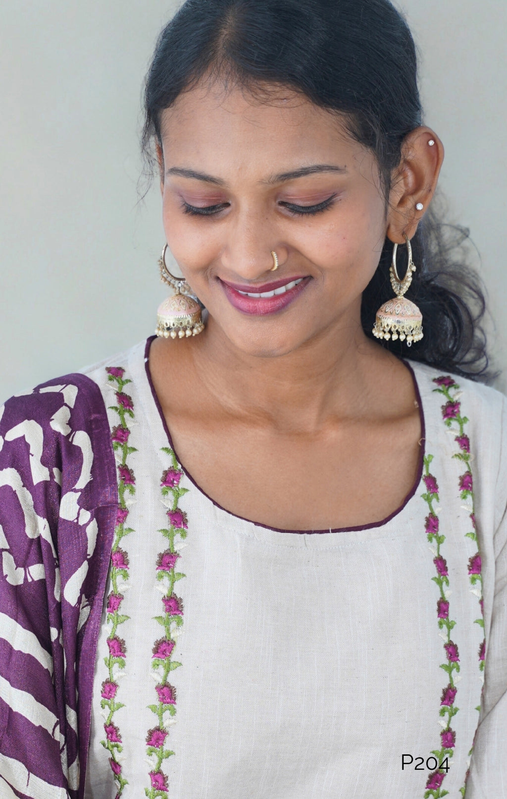 Ivory Khadi Cotton Set with Purple Ajrakh Dupatta| P204