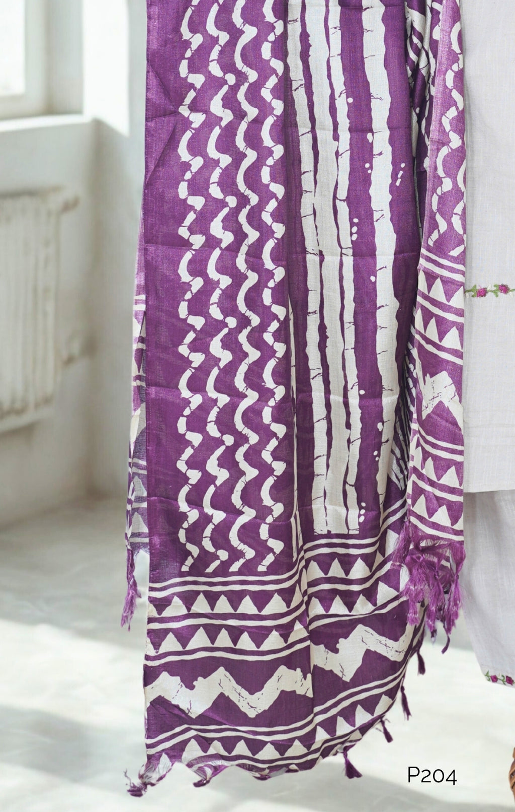 Ivory Khadi Cotton Set with Purple Ajrakh Dupatta| P204