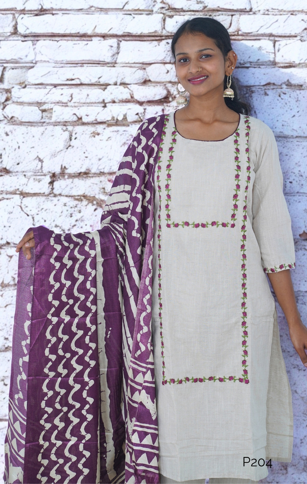 Ivory Khadi Cotton Set with Purple Ajrakh Dupatta| P204