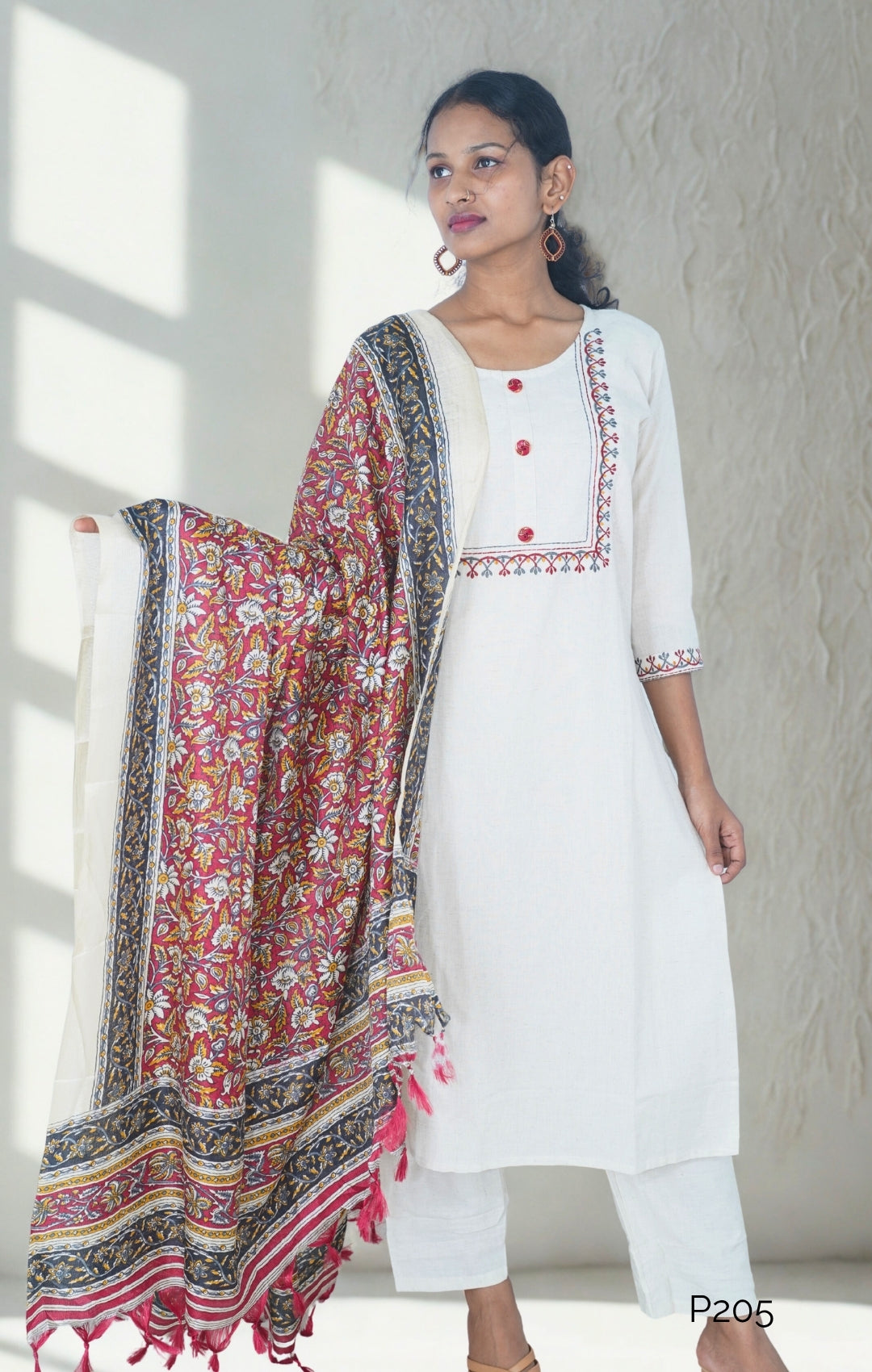 Ivory Khadi Cotton Kurta Set with Silk-Mix Kalamkari Dupatta|P205