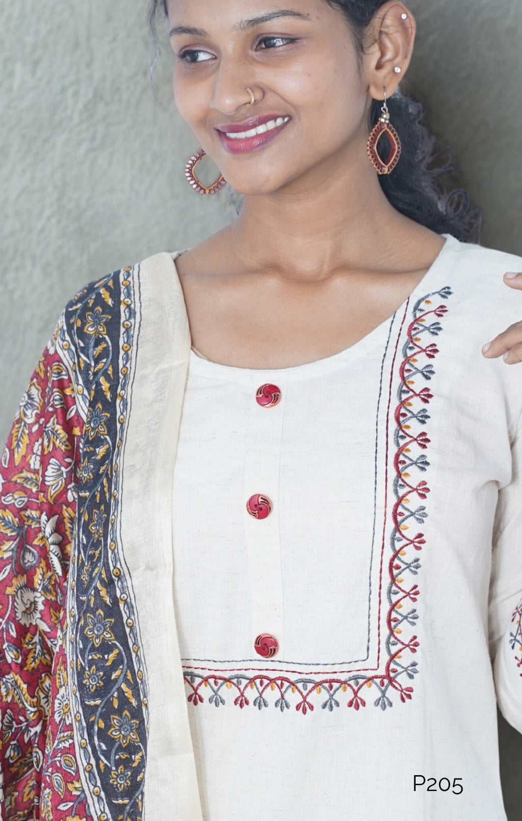 Ivory Khadi Cotton Kurta Set with Silk-Mix Kalamkari Dupatta|P205