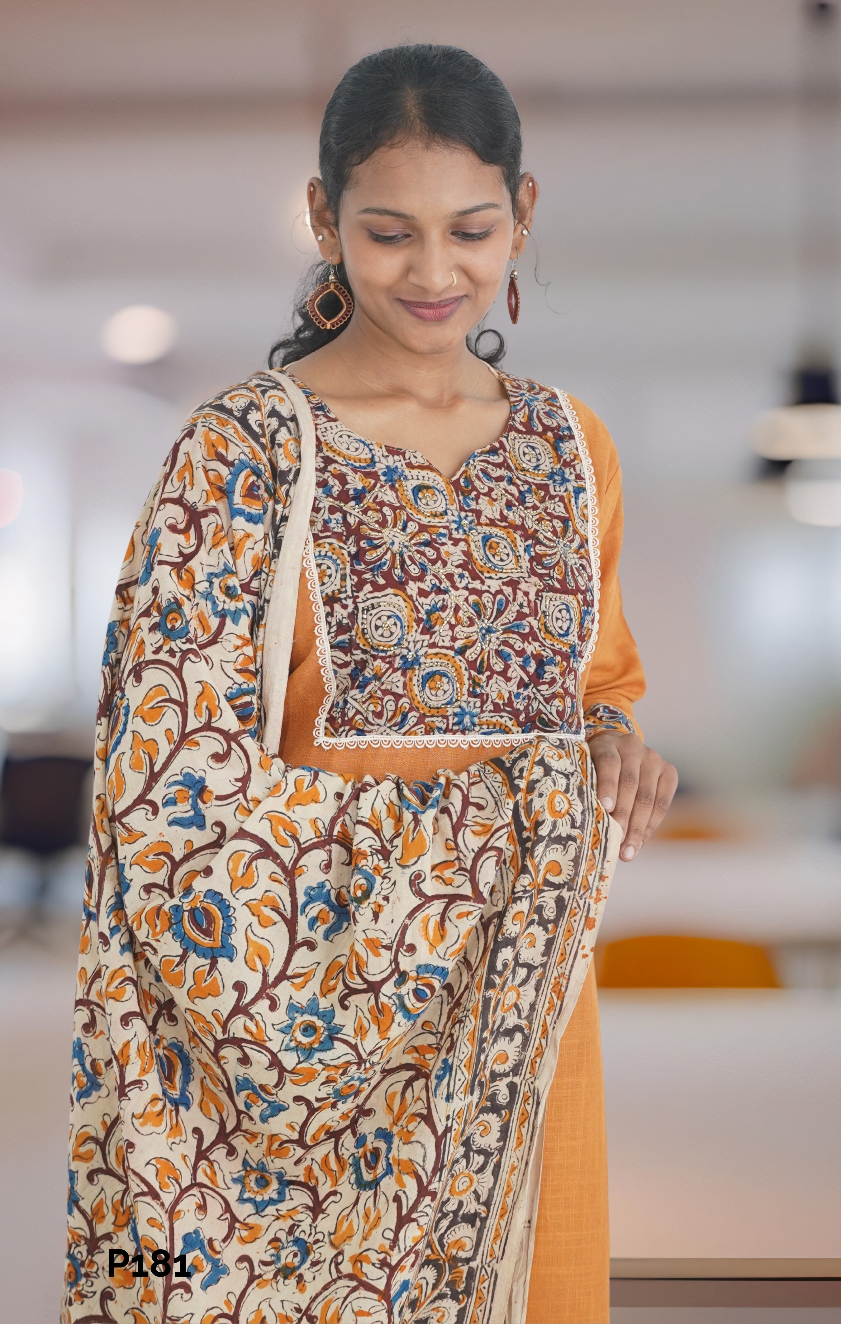 Rust Orange Kurta Set with Kalamkari Dupatta