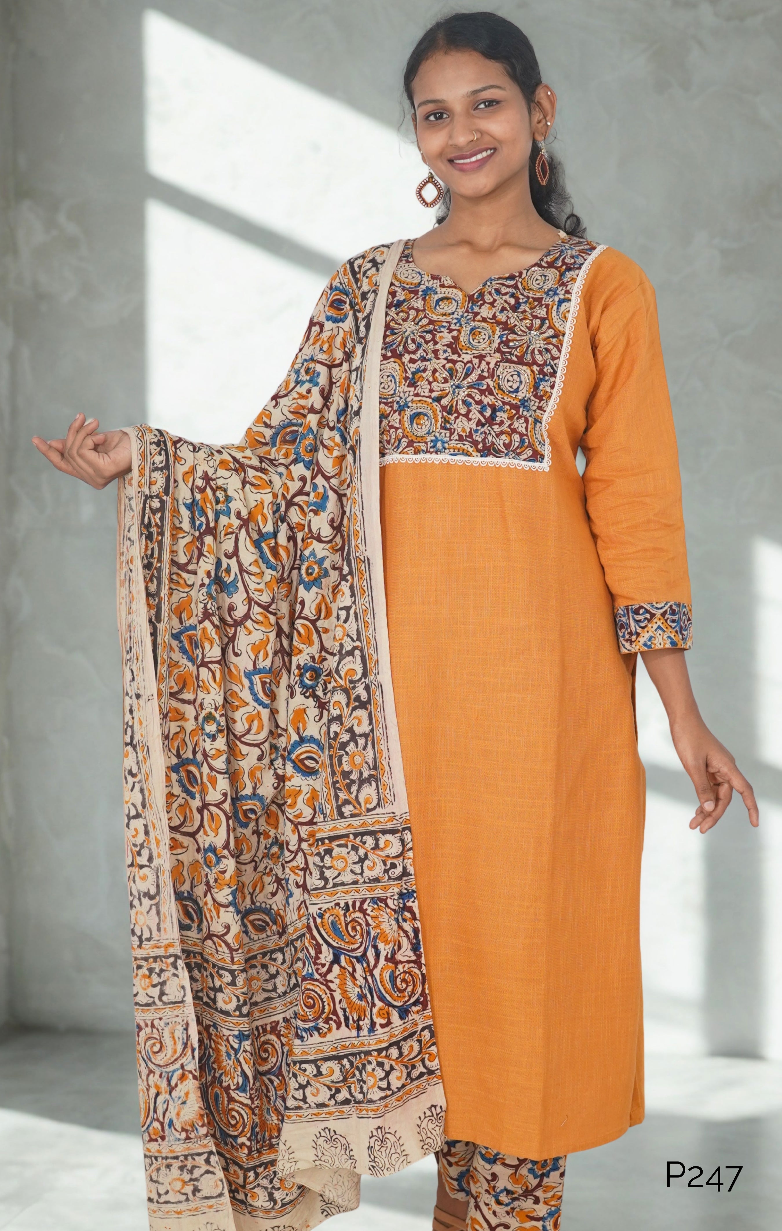 Rust Orange Kurta Set with Kalamkari Dupatta