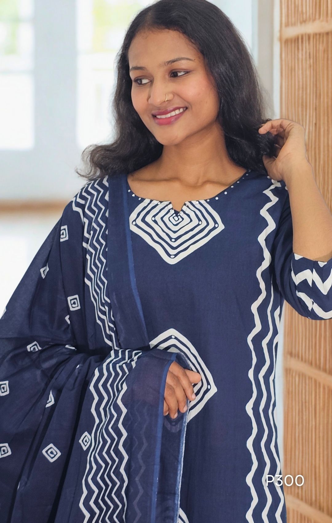 Navy Blue Geometric Printed Suit Set-view-1