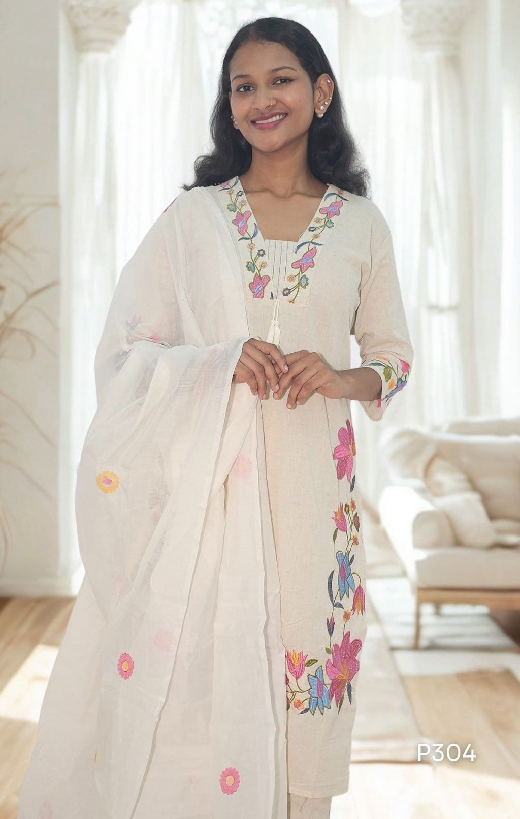 Ivory Bloom Embroidered Kurta Set-5