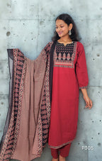 Maroon Red Cotton Kurta Set with Mulmul Dupatta | P305