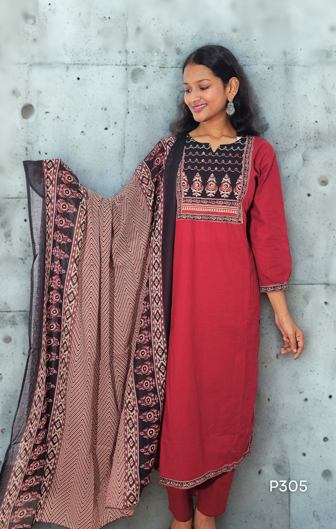 Maroon Red Cotton Kurta Set with Mulmul Dupatta | P305