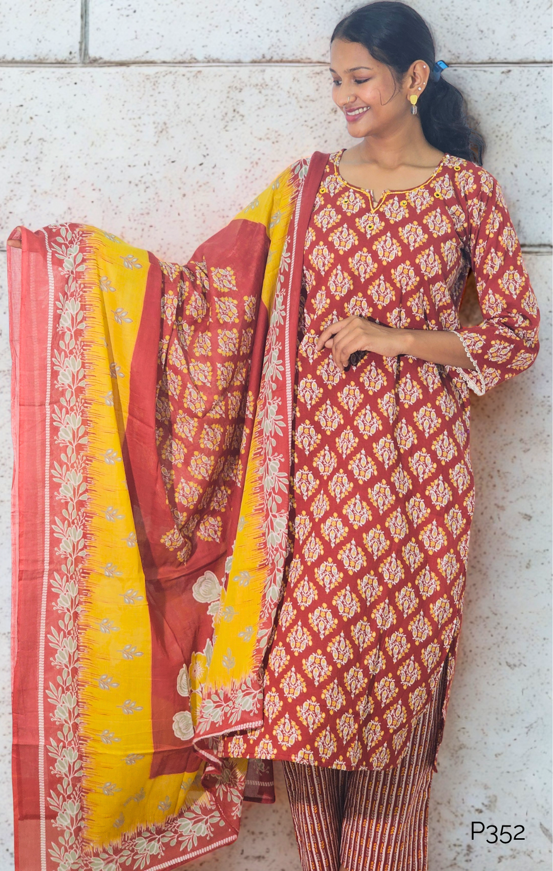 Rust-Yellow Handblock Print Cotton Set