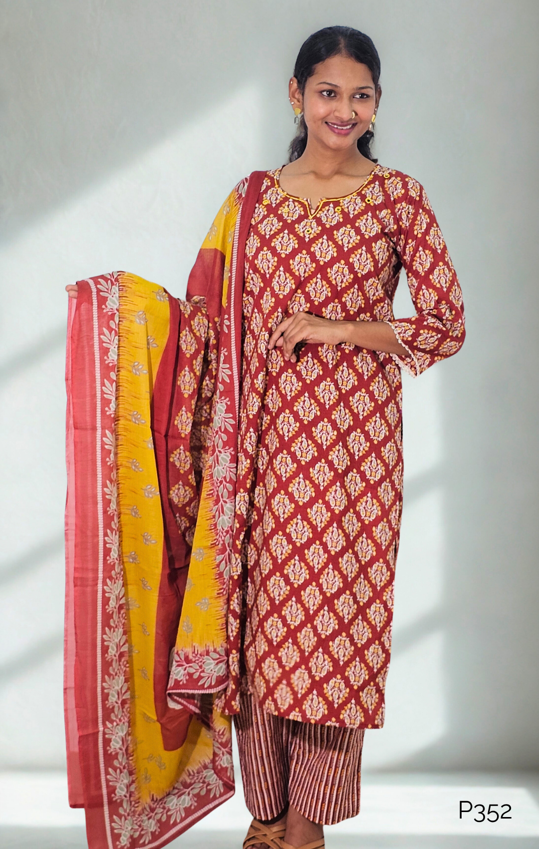 Rust-Yellow Handblock Print Cotton Set