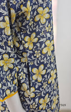 Floral patterned fabric with yellow flowers on a blue background