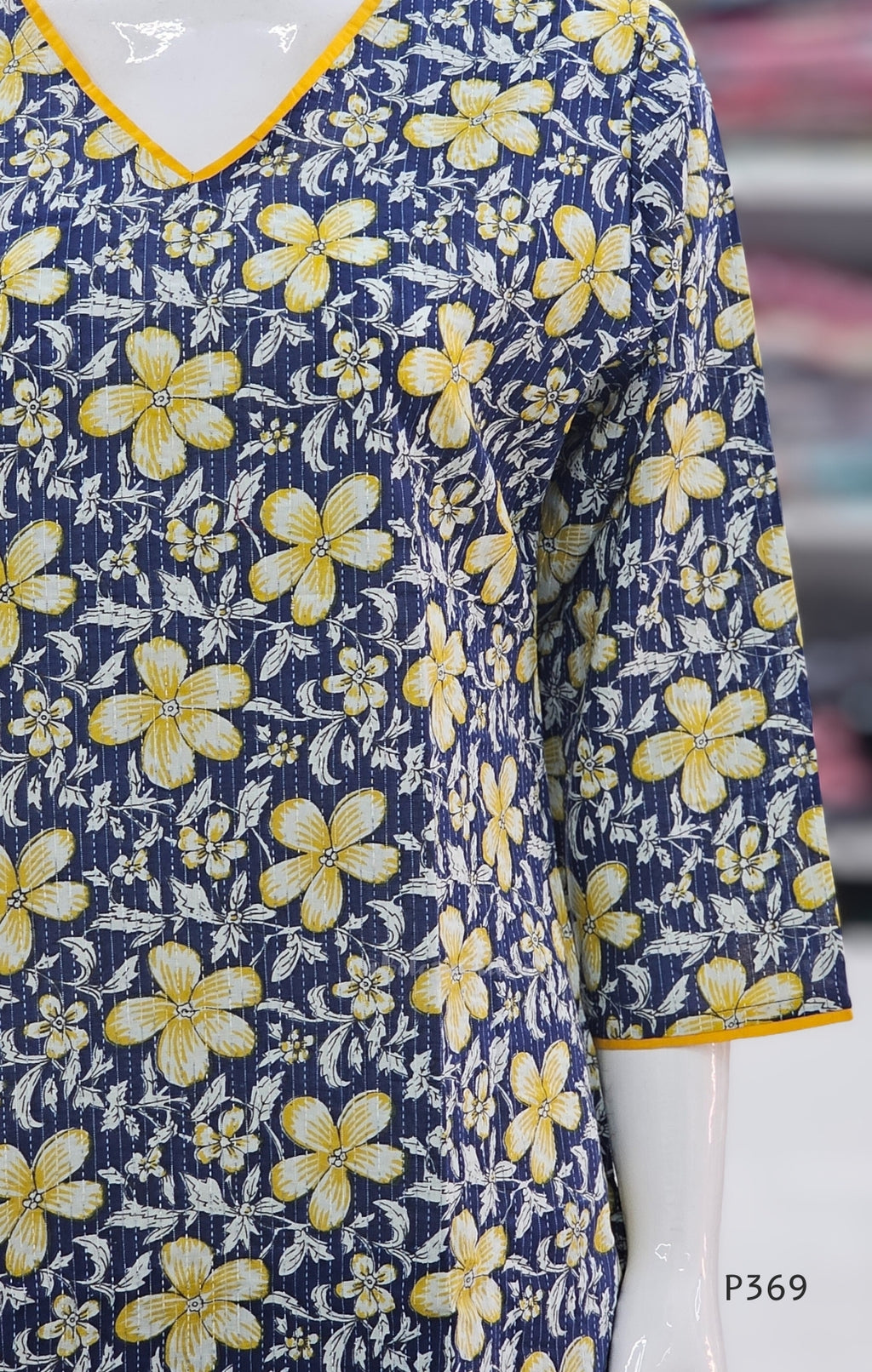 Navy blue fabric with yellow floral pattern