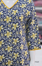 Navy blue fabric with yellow floral pattern