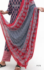 Red and blue patterned dupatta draped over a person on a white background