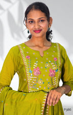 Olive Green Mul Chanderi Embroidered Kurta Set with Dupatta