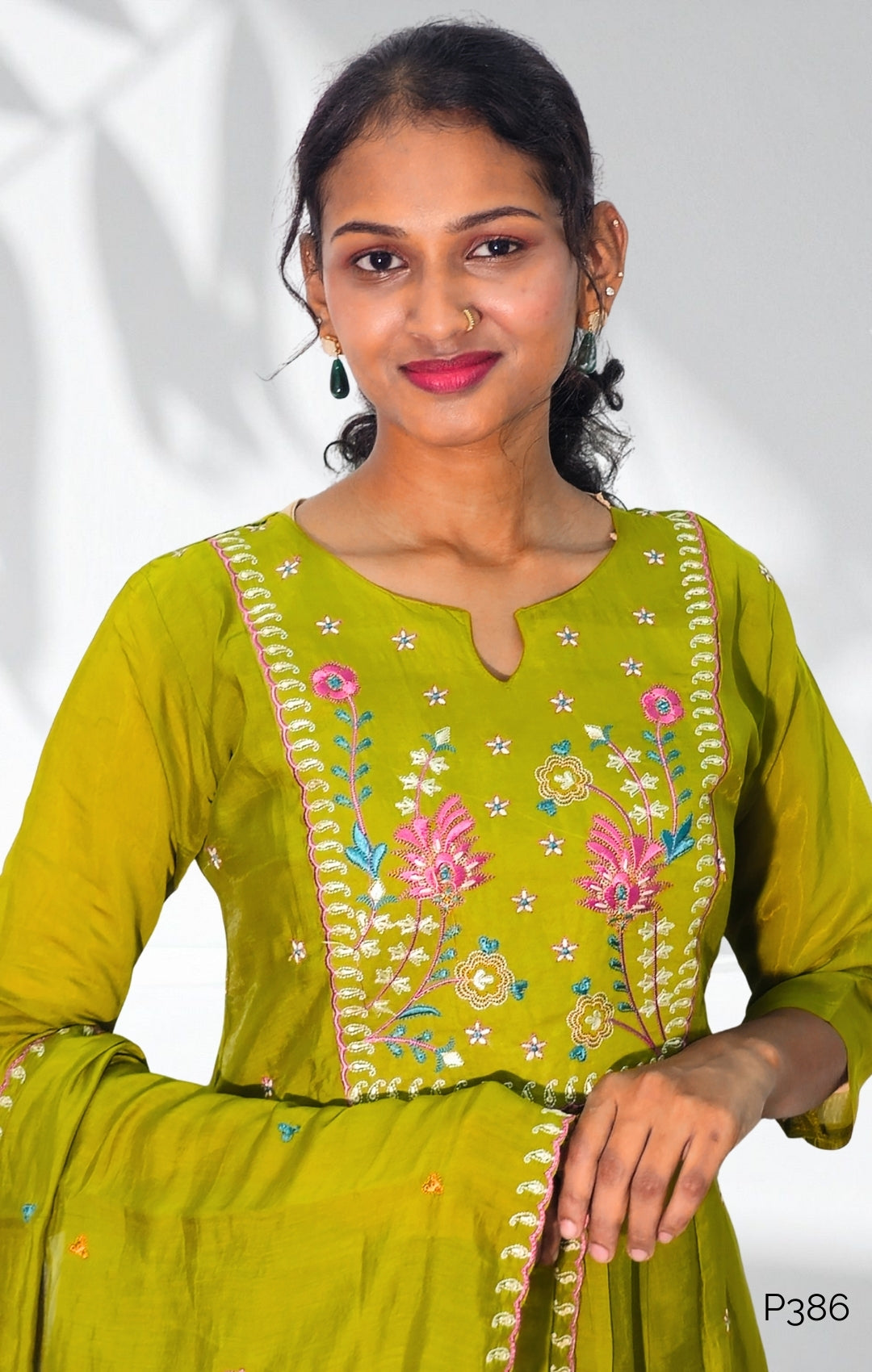 Olive Green Mul Chanderi Embroidered Kurta Set with Dupatta