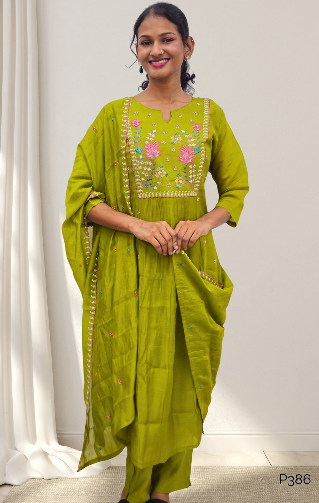 Olive Green Mul Chanderi Embroidered Kurta Set with Dupatta2