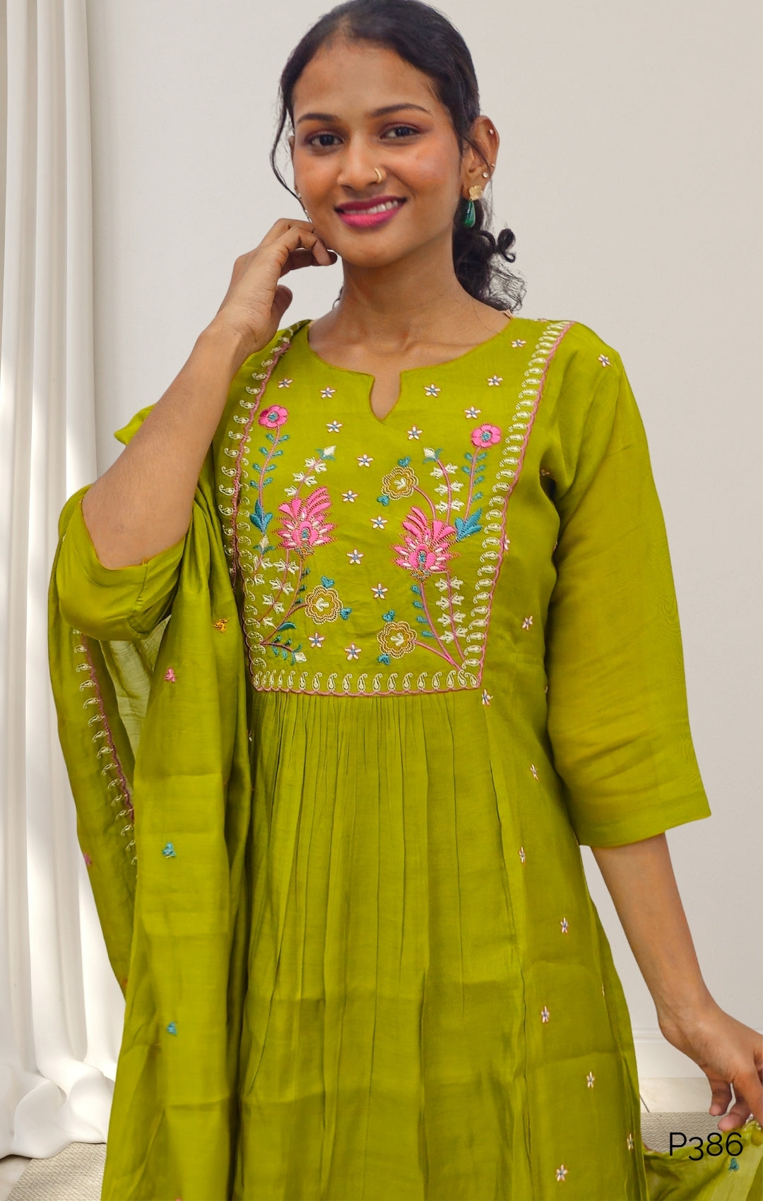 Olive Green Mul Chanderi Embroidered Kurta Set with Dupatta3