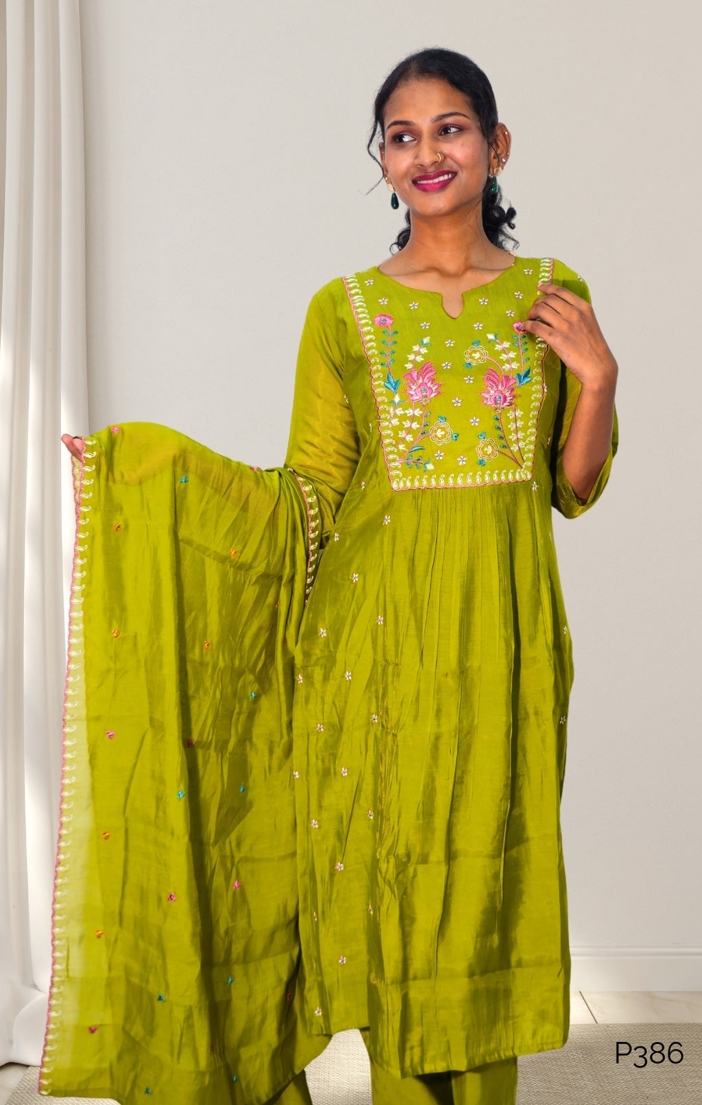 Olive Green Mul Chanderi Embroidered Kurta Set with Dupatta4
