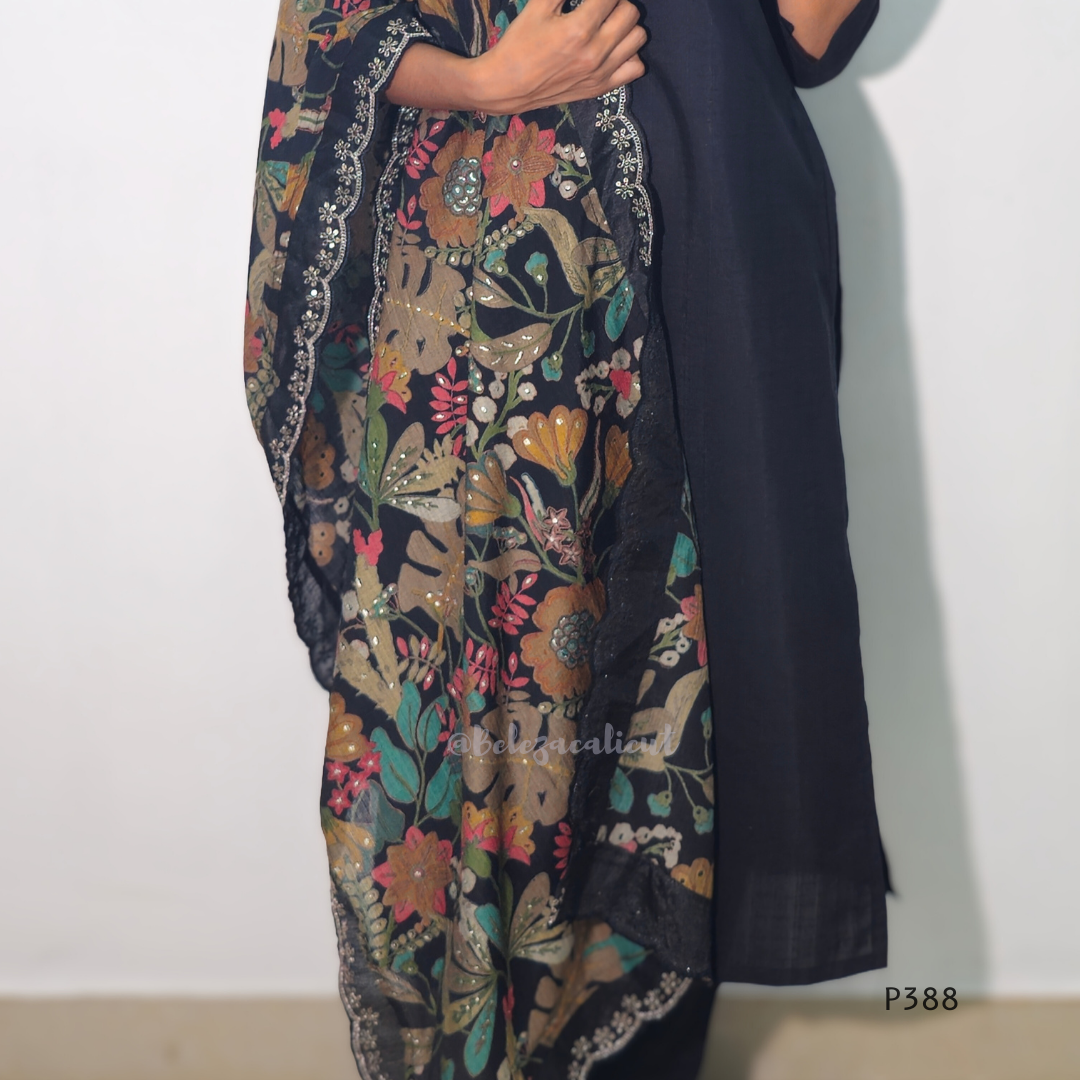 Navy blue floral patterned garment on a plain background