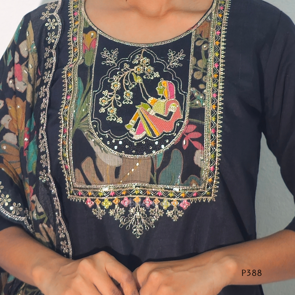 Embroidered traditional garment with intricate designs on a plain background