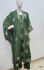 P395_MulChanderiA-LineEmbroideredV-NeckKurtaSet_Green_1