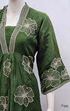 P395_MulChanderiA-LineEmbroideredV-NeckKurtaSet_Green_4