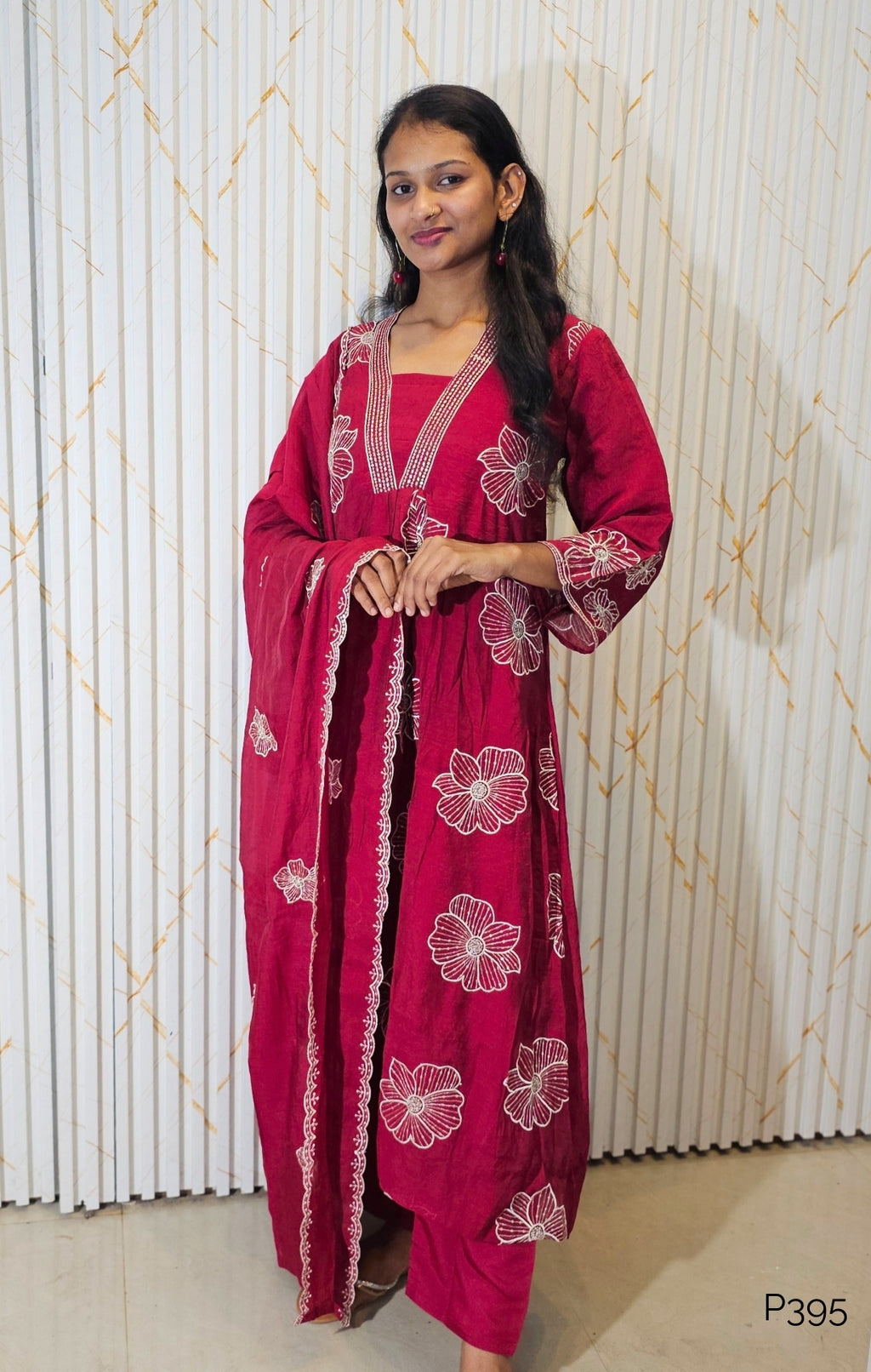 P395_MulChanderiA-LineEmbroideredV-NeckKurtaSet_WineRed_1