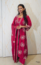 P395_MulChanderiA-LineEmbroideredV-NeckKurtaSet_WineRed_1