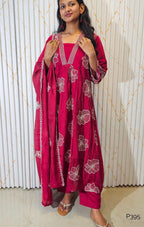 P395_MulChanderiA-LineEmbroideredV-NeckKurtaSet_WineRed_2