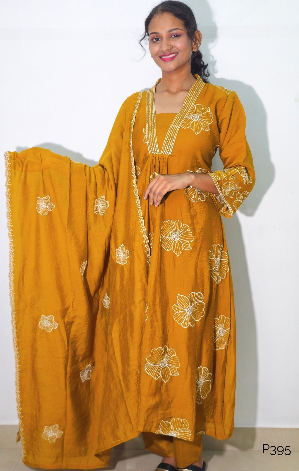 P395_MulChanderiA-LineEmbroideredV-NeckKurtaSet_Yellow_1