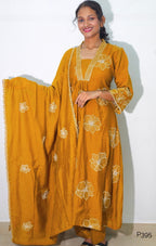 P395_MulChanderiA-LineEmbroideredV-NeckKurtaSet_Yellow_1