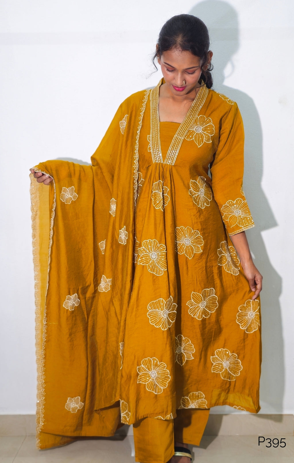 P395_MulChanderiA-LineEmbroideredV-NeckKurtaSet_Yellow_2